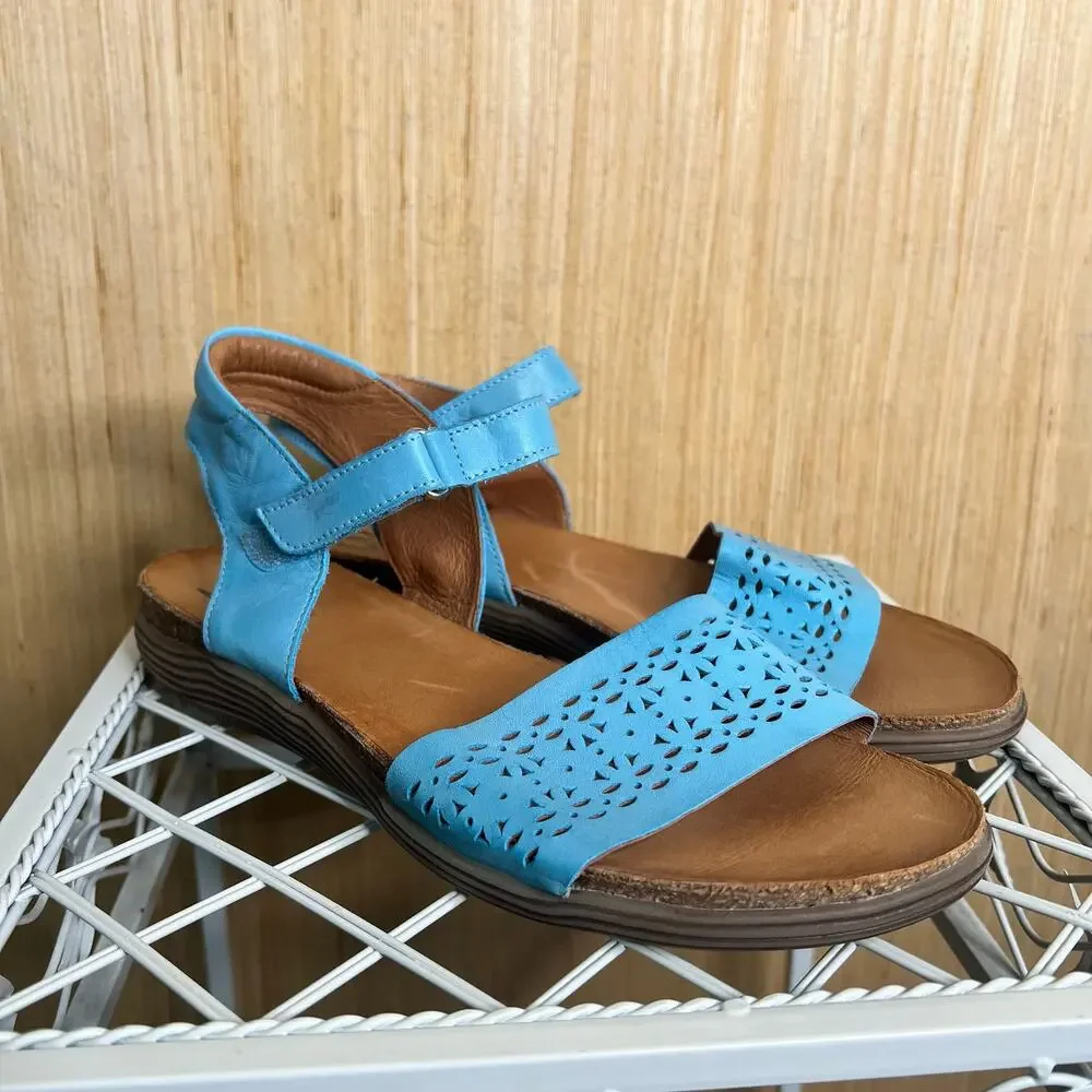 Miz Mooz Mave Low Wedge Sandal Adjustable Strap Blue Laser Cut Leather Size 40